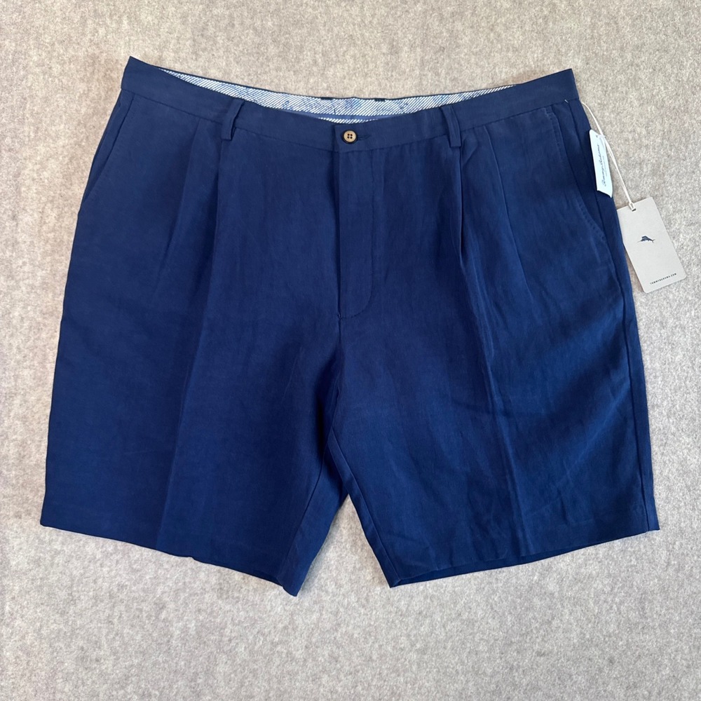 Tommy Bahama Monterey Pleated Shorts 42 Navy Silk Linen 10" Inseam NWT